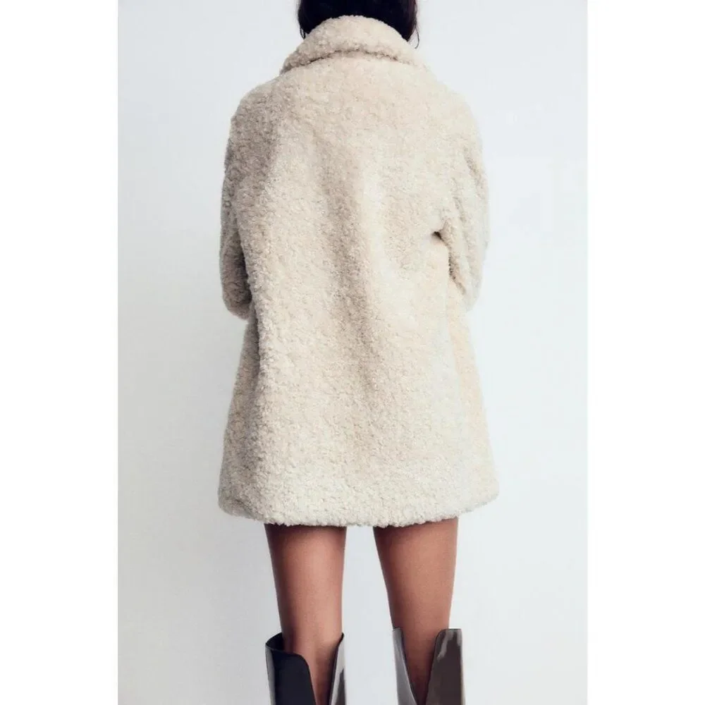 Zara Womens Faux Fur Coat Jacket XS Oyster White Teddy collared 4391/855 NWT - Picture 2 of 16